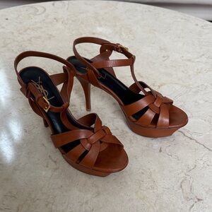 YSL Tribute Sandals Cognac Brown Leather Platform Heels Size [7.5 US 37.5 EU]